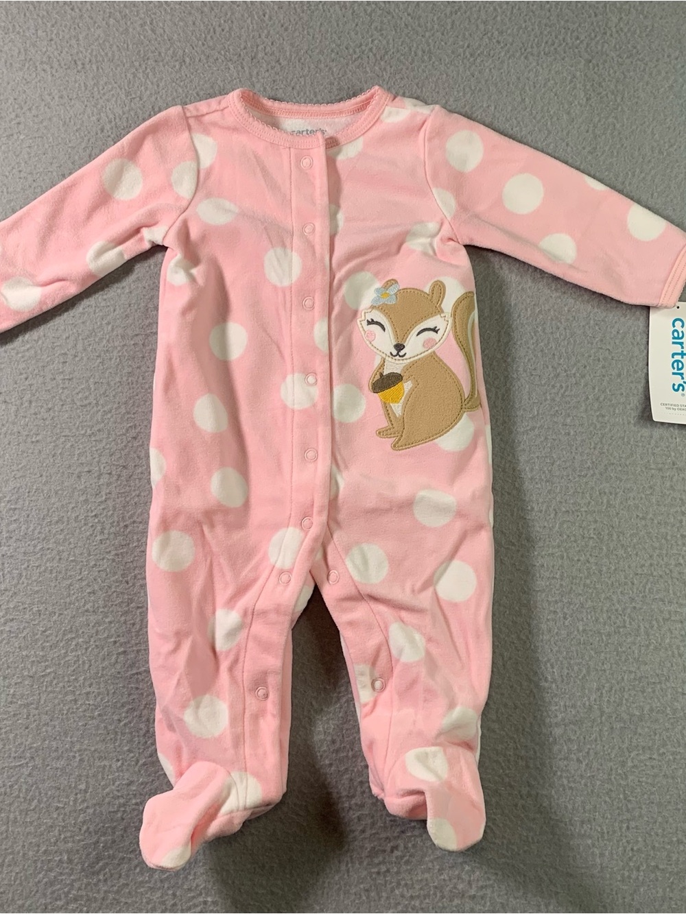 Carter's Pink Polka Dot Footed One-Piece with squirrel appliqué size 3 month